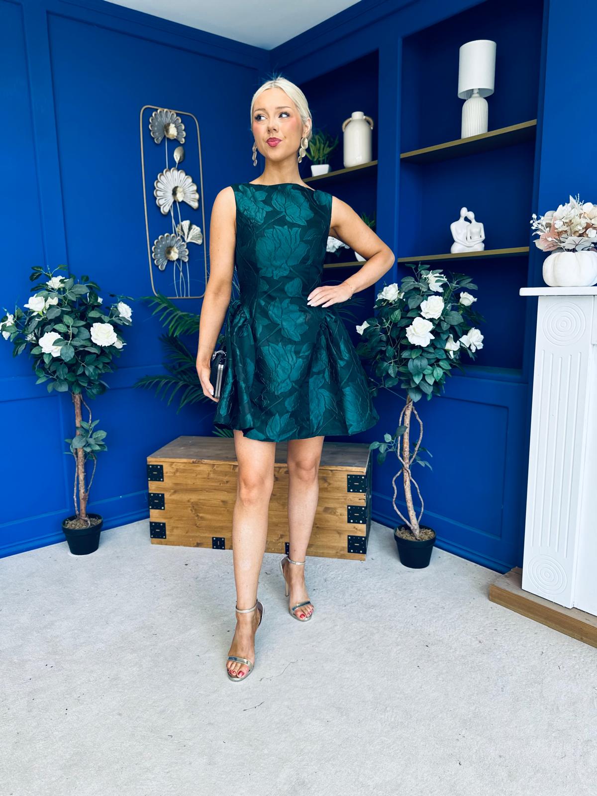 Suri Floral Jacquard Dropped Waist Mini Dress Green