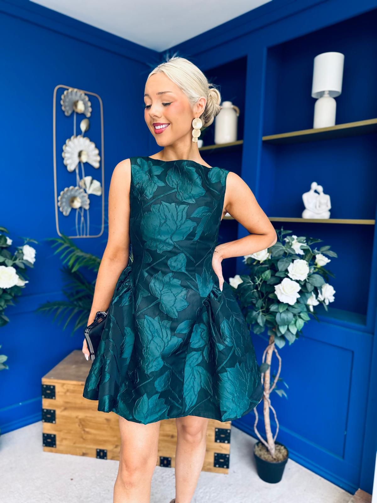 Suri Floral Jacquard Dropped Waist Mini Dress Green