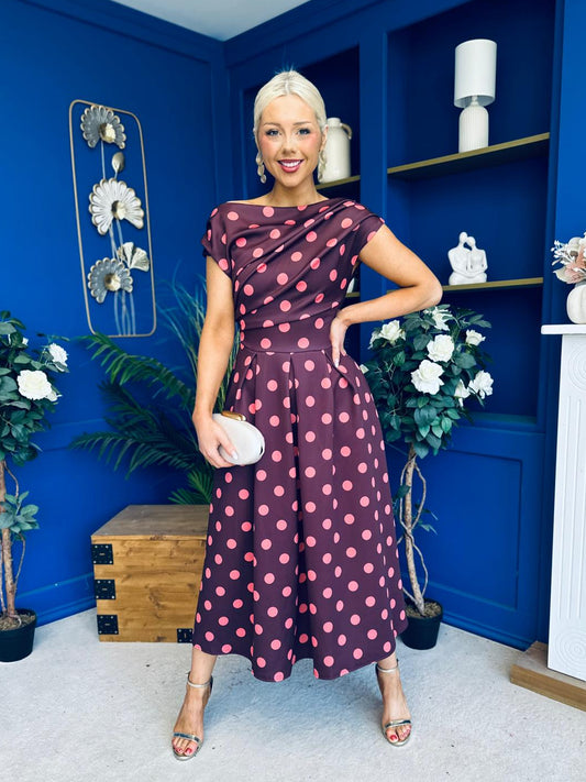 Breffy Asymmetric Neckline Skater Midi Pink Polka Burgundy