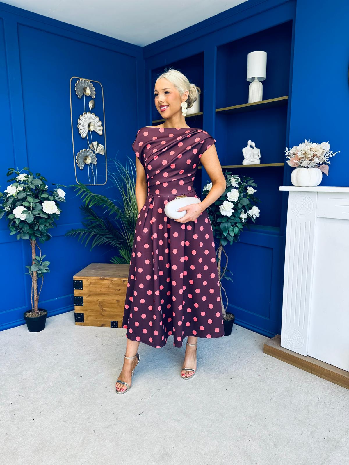 Breffy Asymmetric Neckline Skater Midi Pink Polka Burgundy