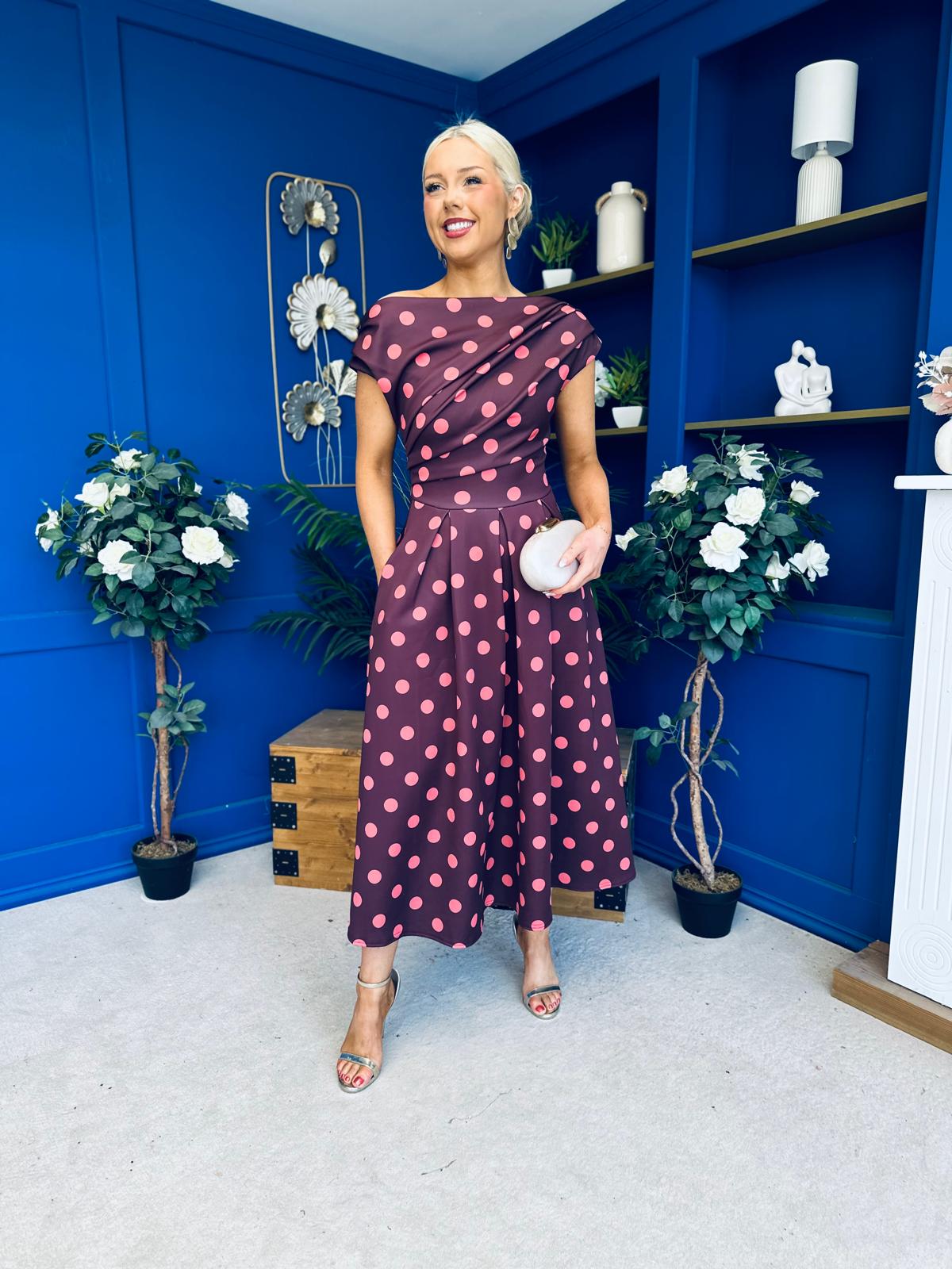 Breffy Asymmetric Neckline Skater Midi Pink Polka Burgundy