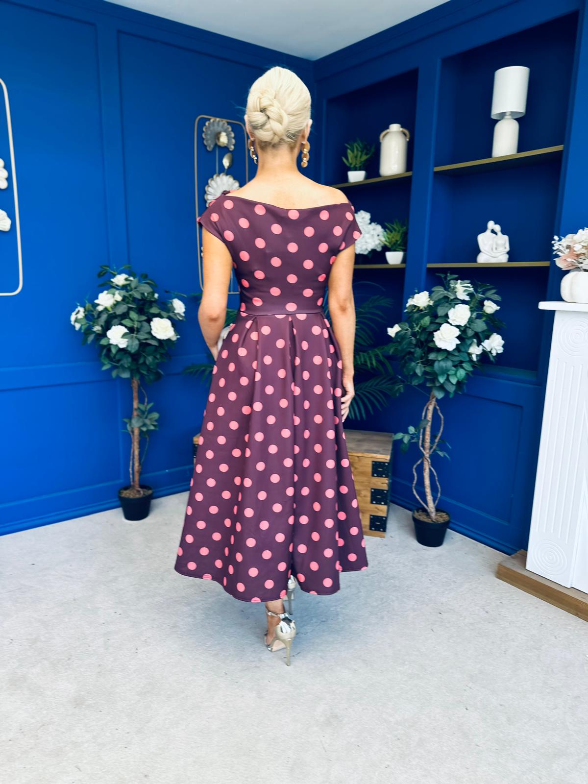 Breffy Asymmetric Neckline Skater Midi Pink Polka Burgundy