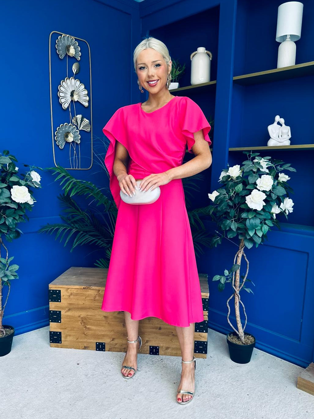 Lorraine Cape Detail Midi Dress Hot Pink