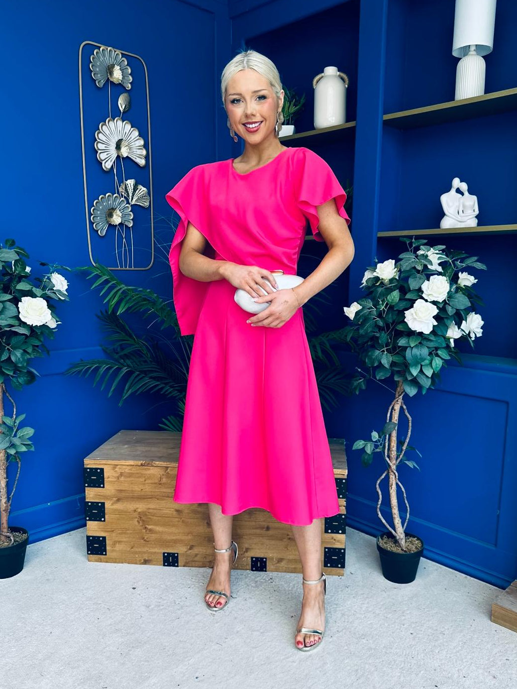 Lorraine Cape Detail Midi Dress Hot Pink