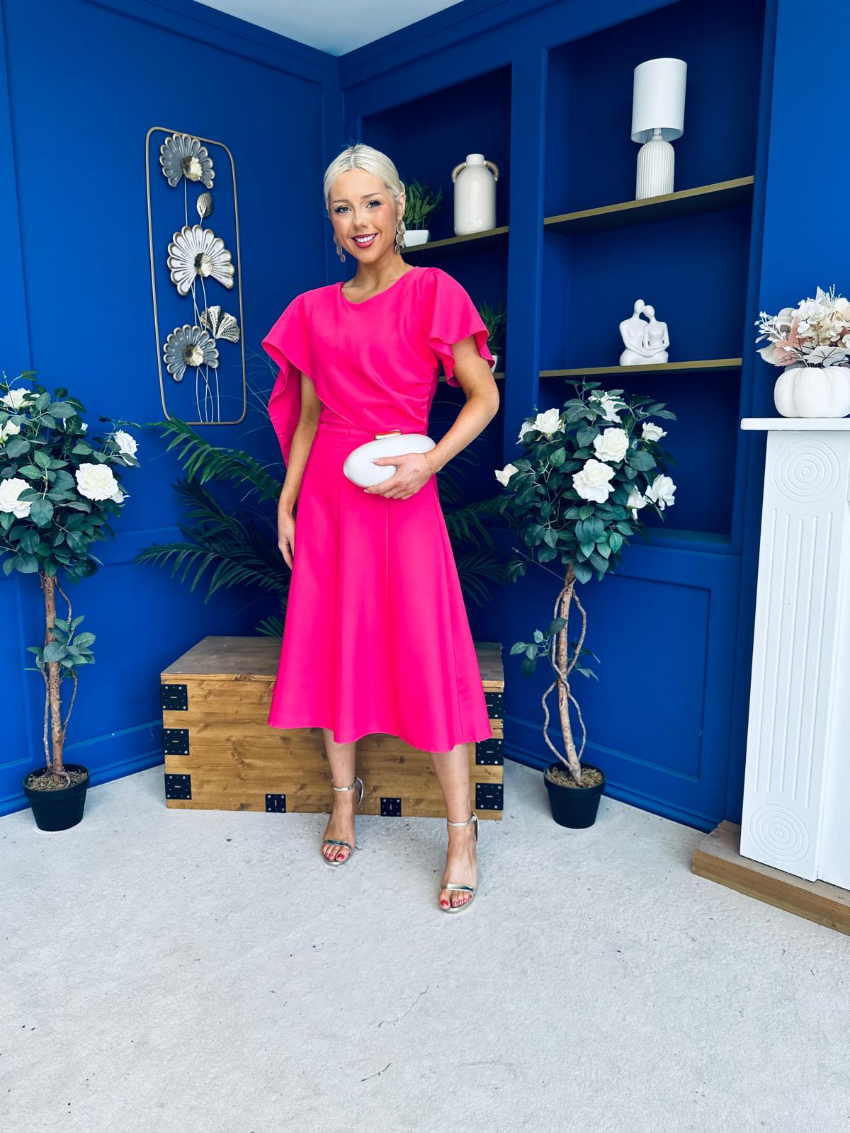 Lorraine Cape Detail Midi Dress Hot Pink