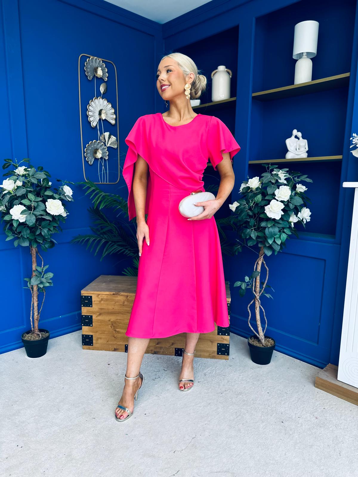 Lorraine Cape Detail Midi Dress Hot Pink
