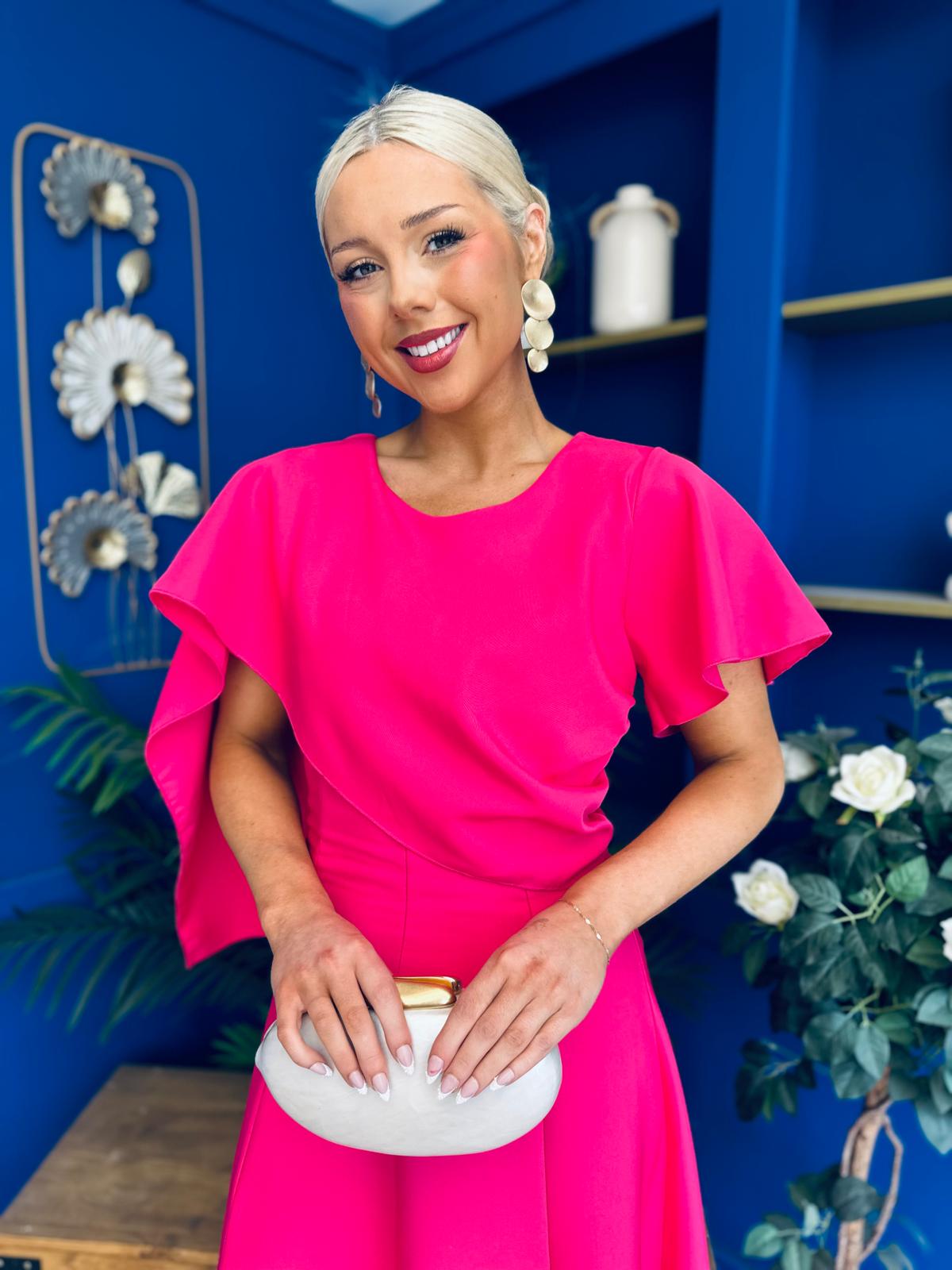 Lorraine Cape Detail Midi Dress Hot Pink