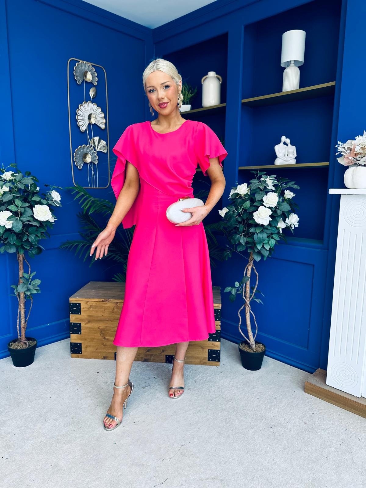 Lorraine Cape Detail Midi Dress Hot Pink