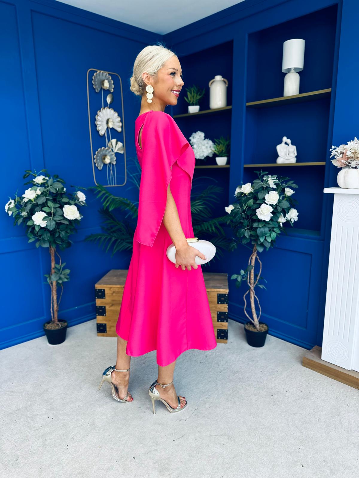 Lorraine Cape Detail Midi Dress Hot Pink