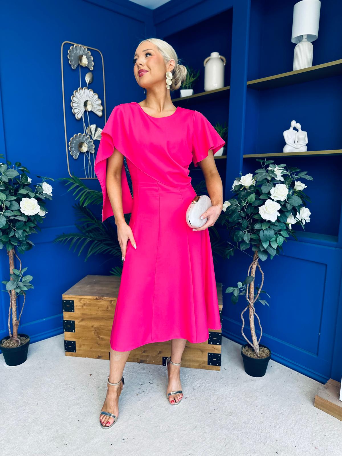 Lorraine Cape Detail Midi Dress Hot Pink