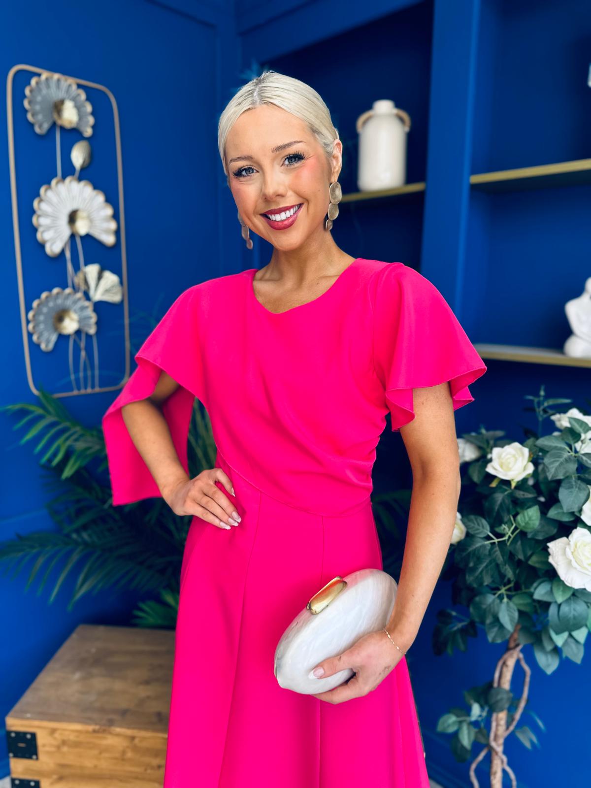 Lorraine Cape Detail Midi Dress Hot Pink