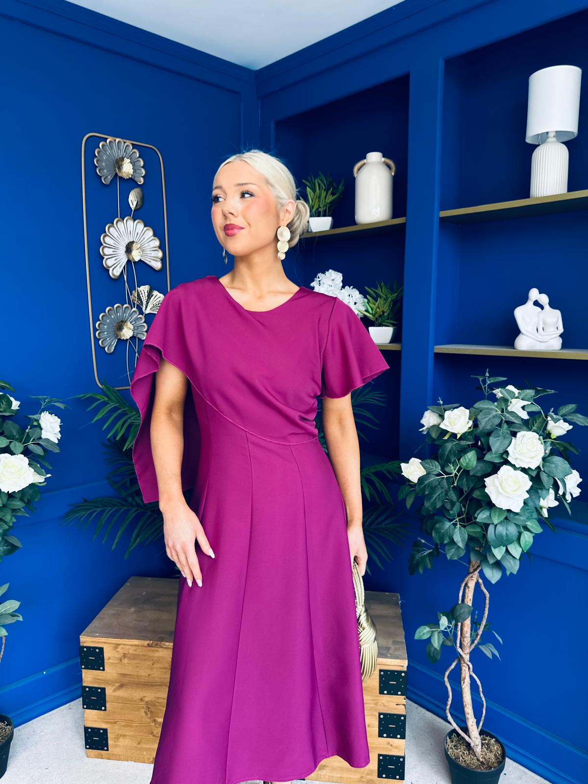 Lorraine Cape Detail Midi Dress Berry