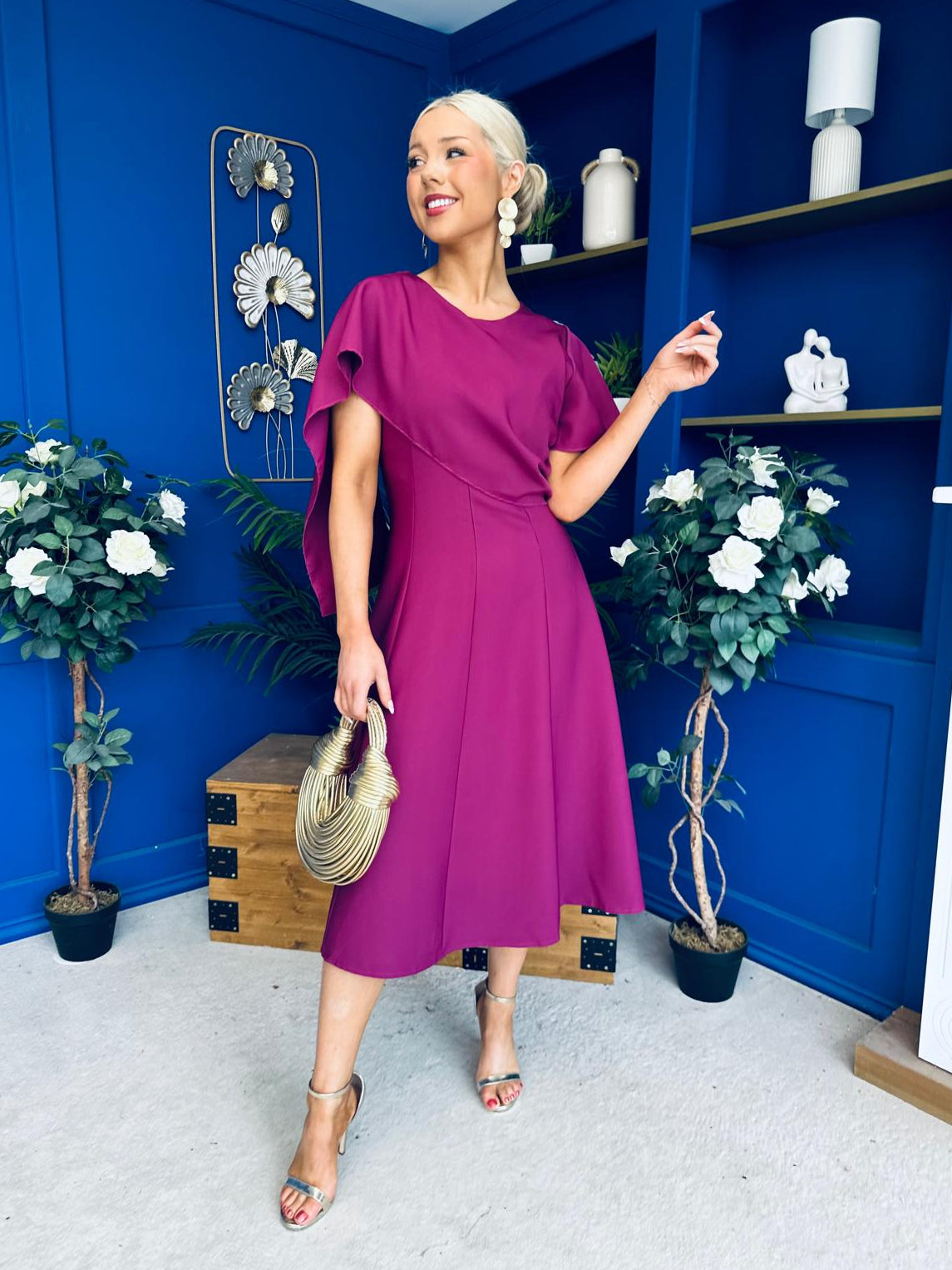 Lorraine Cape Detail Midi Dress Berry