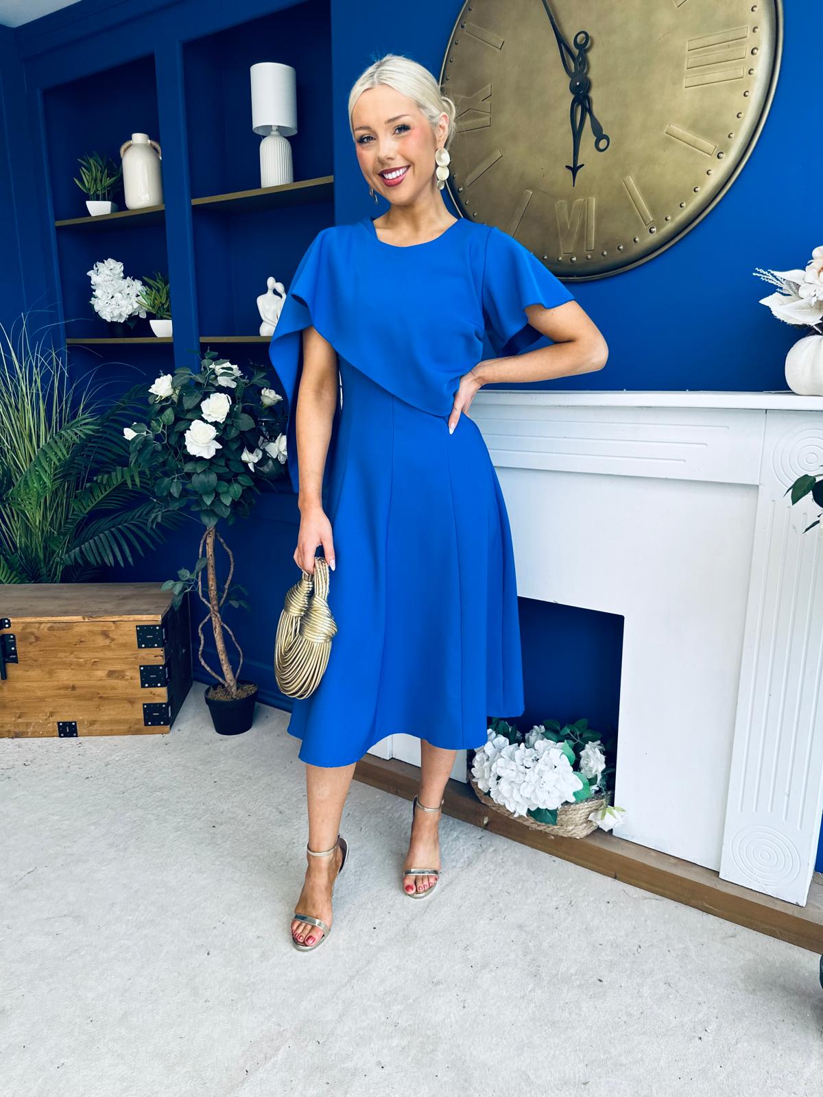 Lorraine Cape Detail Midi Dress Cobalt
