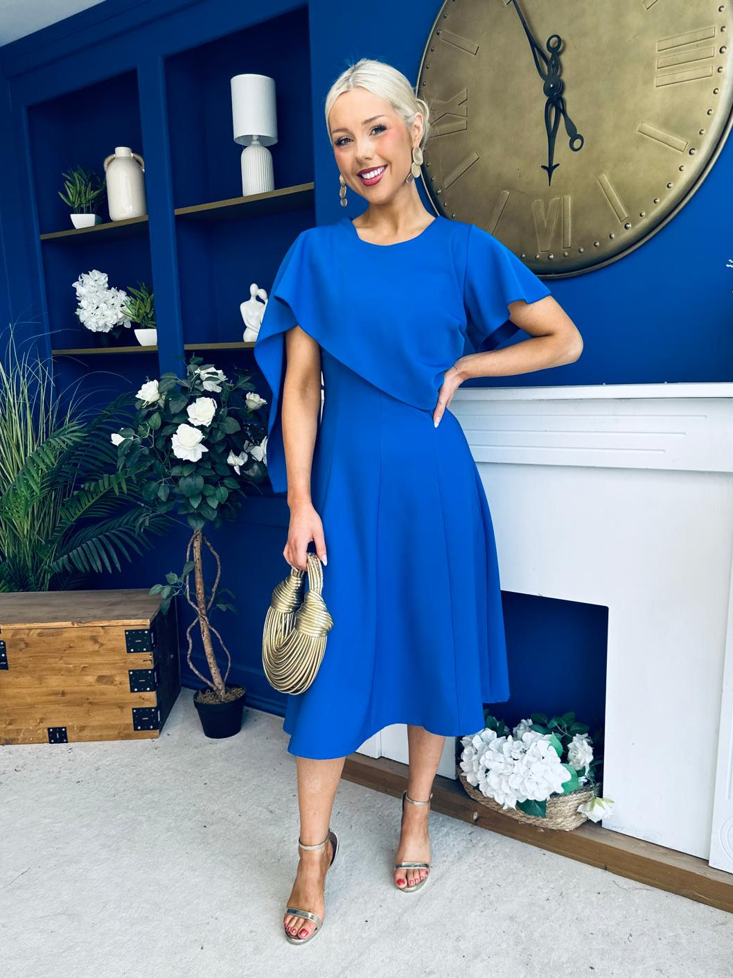 Lorraine Cape Detail Midi Dress Cobalt