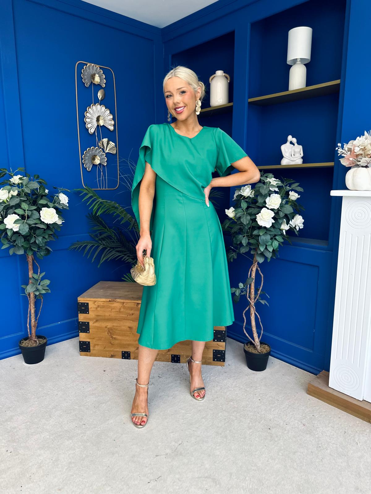 Lorraine Cape Detail Midi Dress Emerald