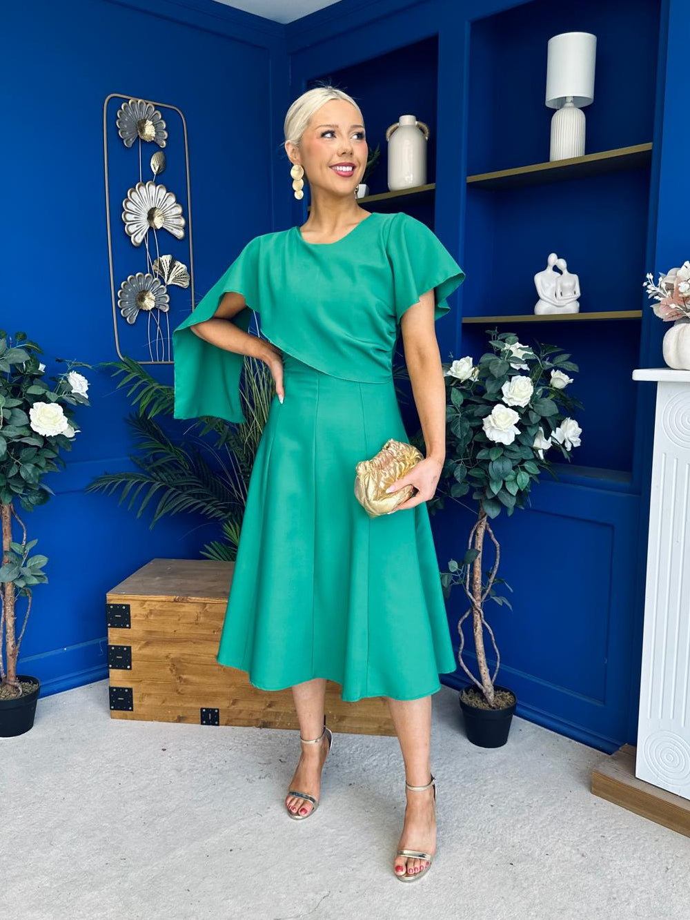 Lorraine Cape Detail Midi Dress Emerald