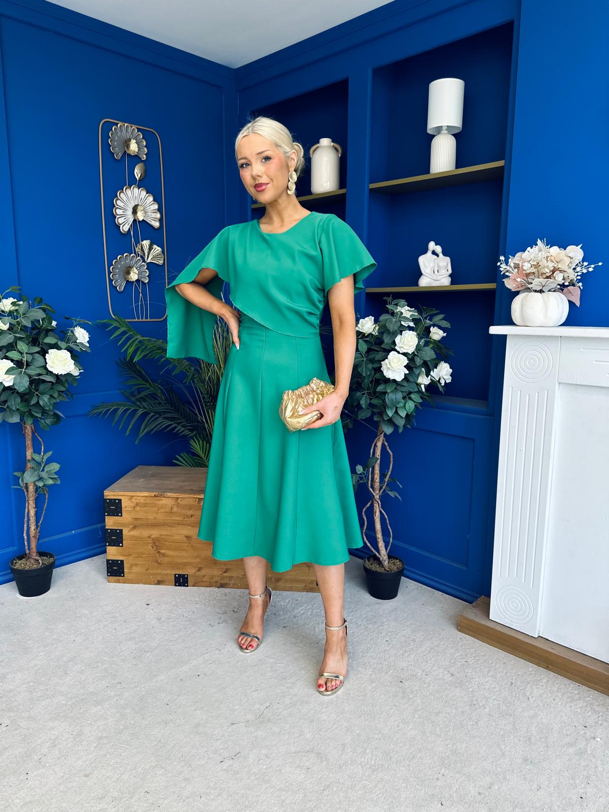 Lorraine Cape Detail Midi Dress Emerald