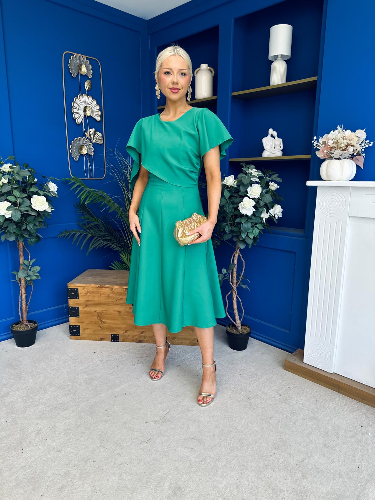 Lorraine Cape Detail Midi Dress Emerald