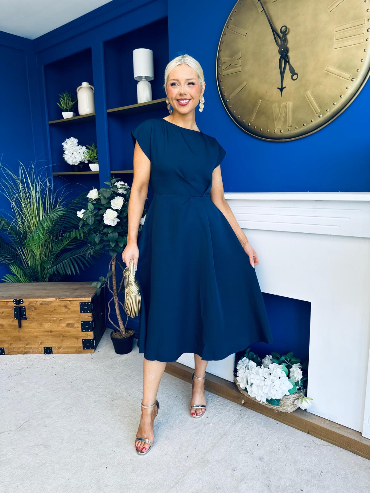 Leni Pleat Detail Midi Dress Navy