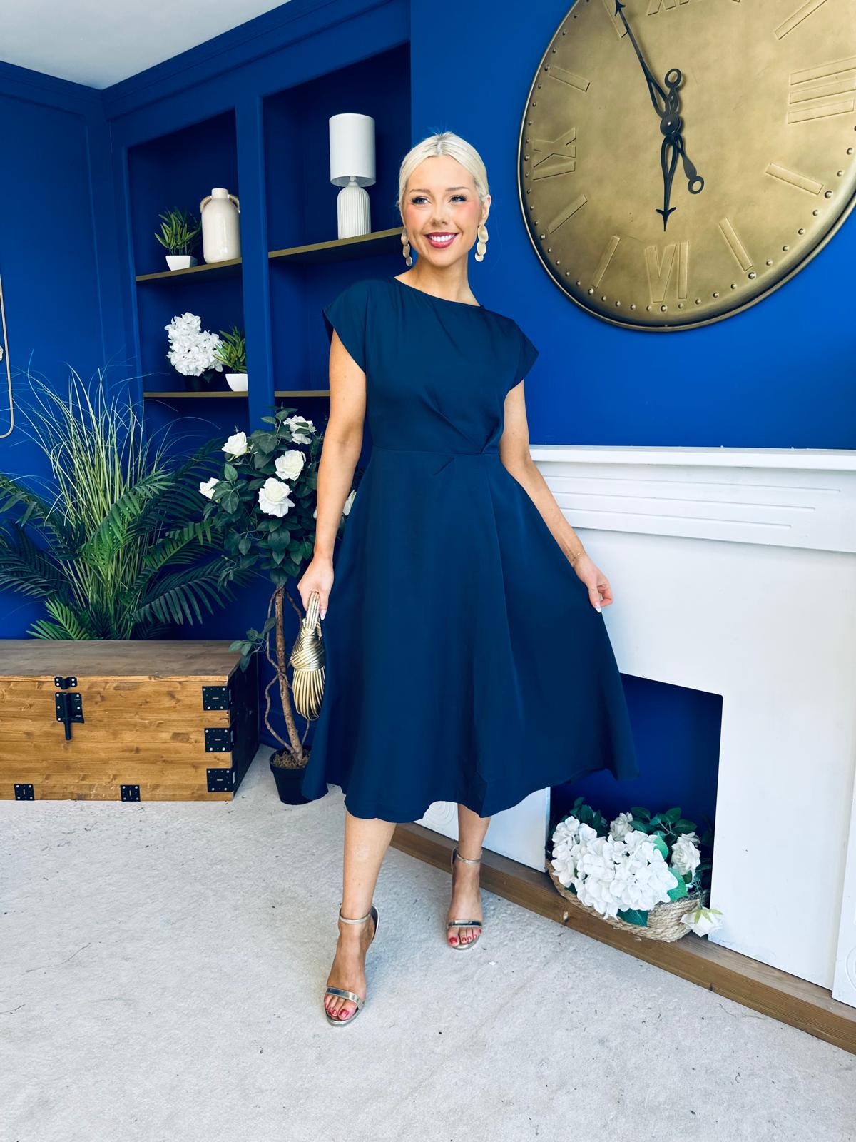 Leni Pleat Detail Midi Dress Navy