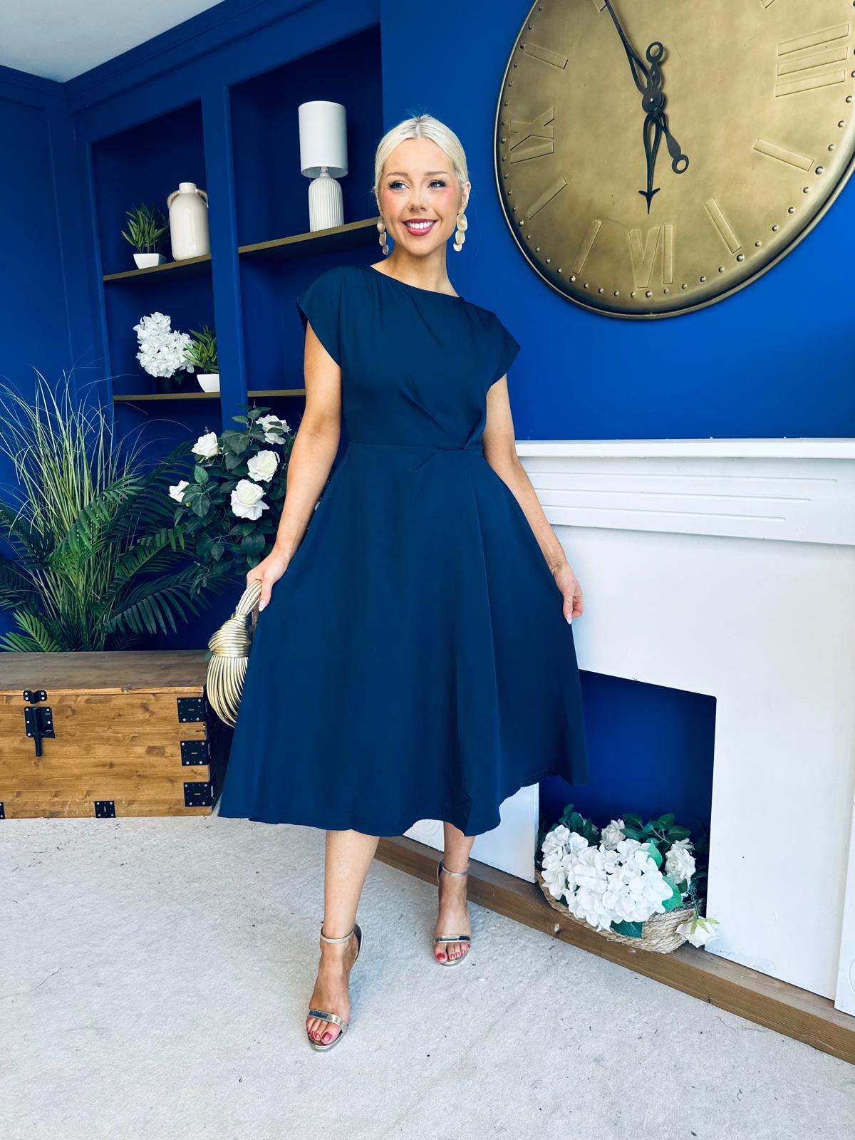 Leni Pleat Detail Midi Dress Navy