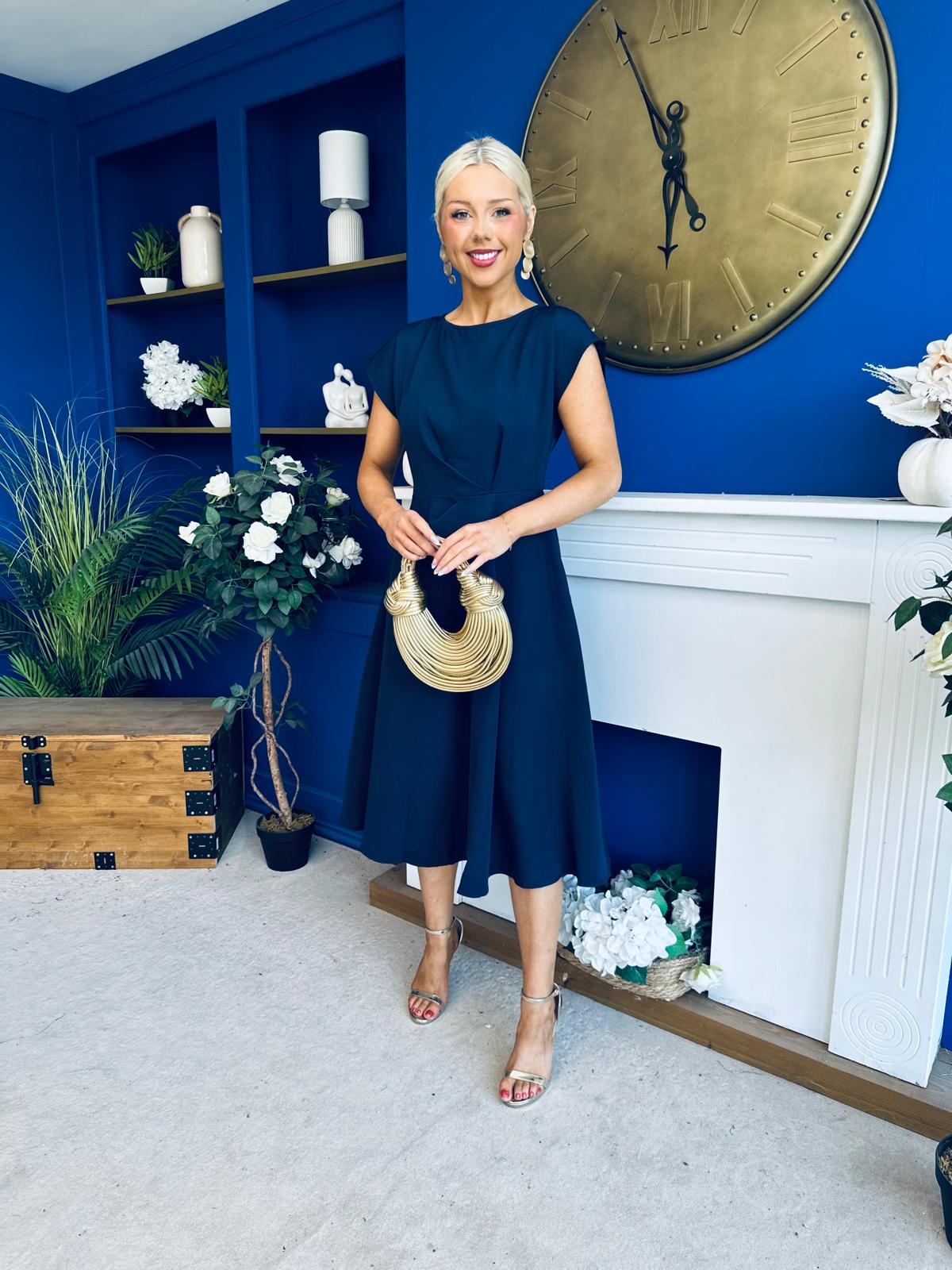 Leni Pleat Detail Midi Dress Navy