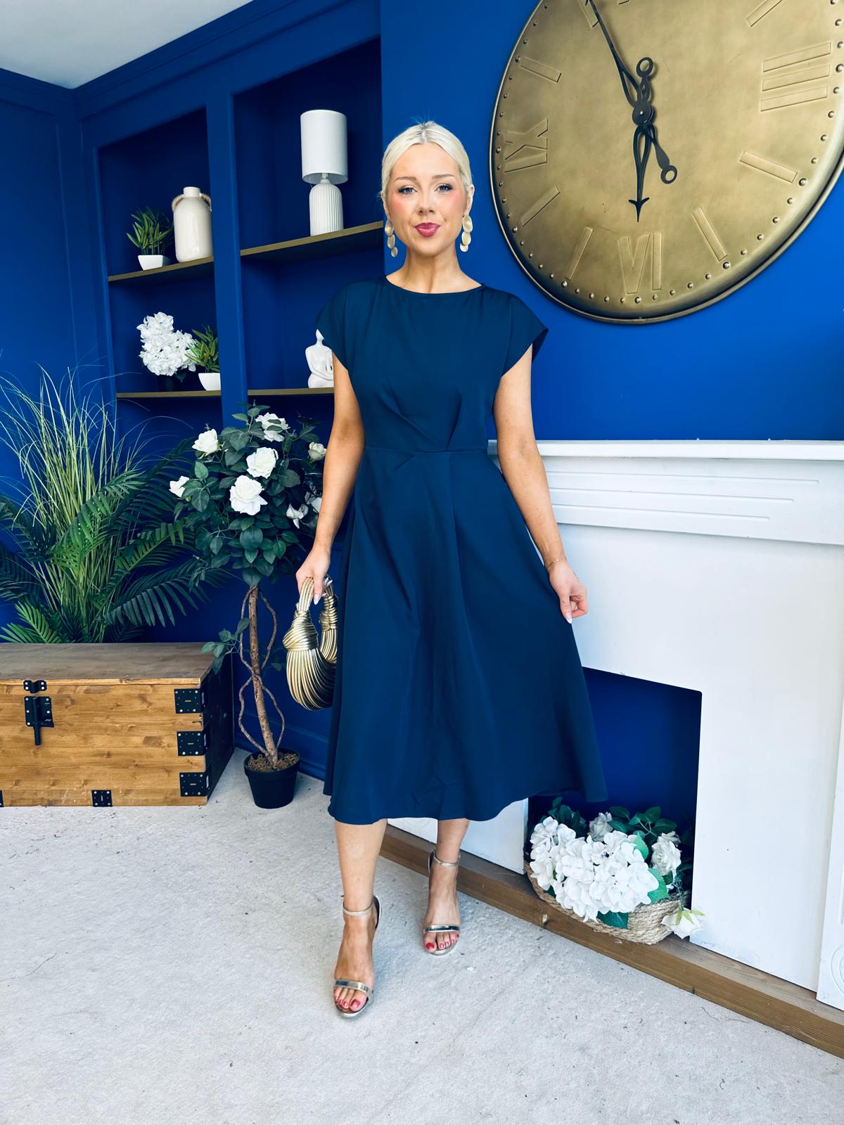 Leni Pleat Detail Midi Dress Navy