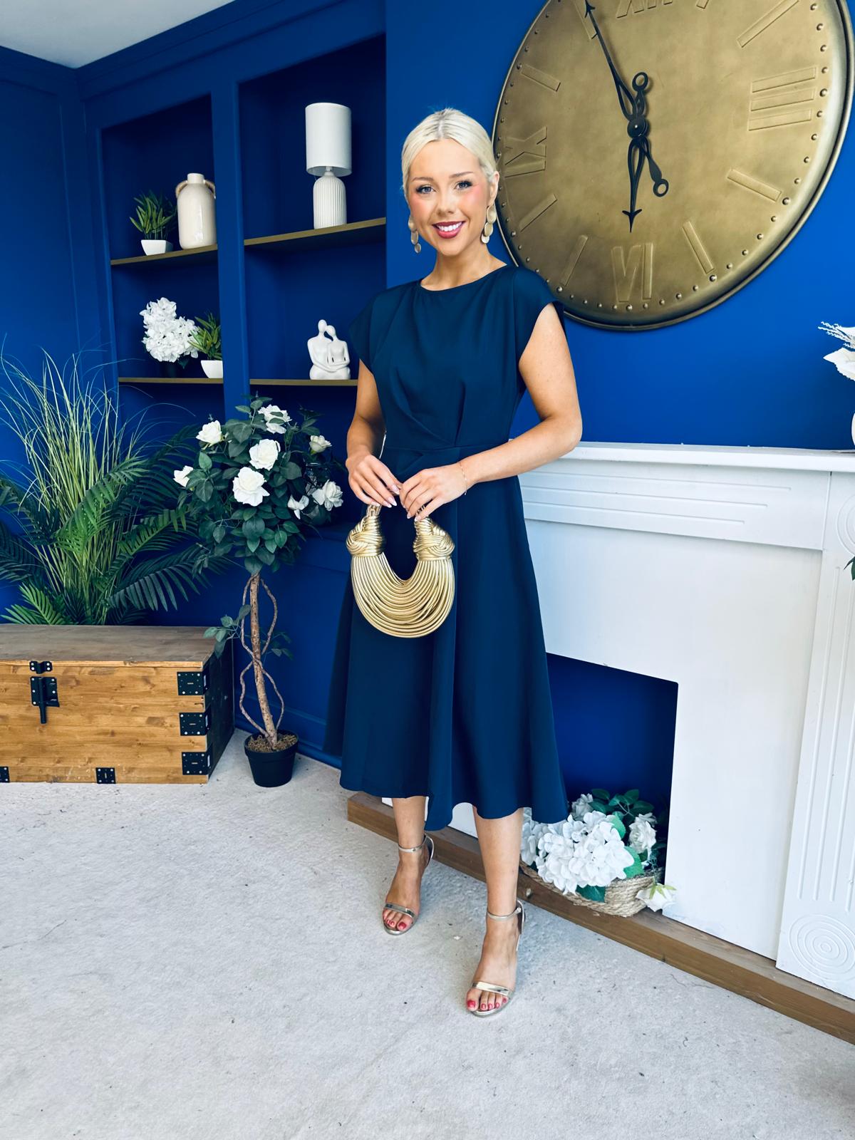 Leni Pleat Detail Midi Dress Navy