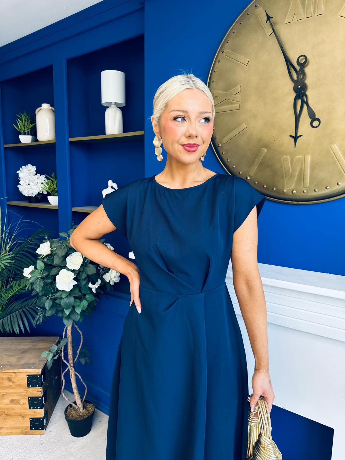 Leni Pleat Detail Midi Dress Navy