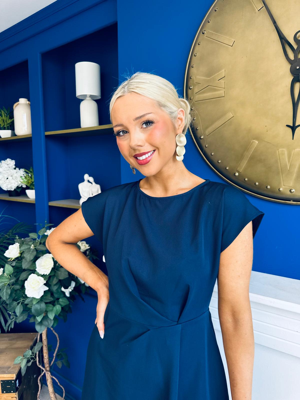 Leni Pleat Detail Midi Dress Navy