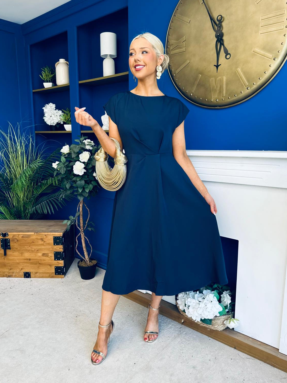 Leni Pleat Detail Midi Dress Navy