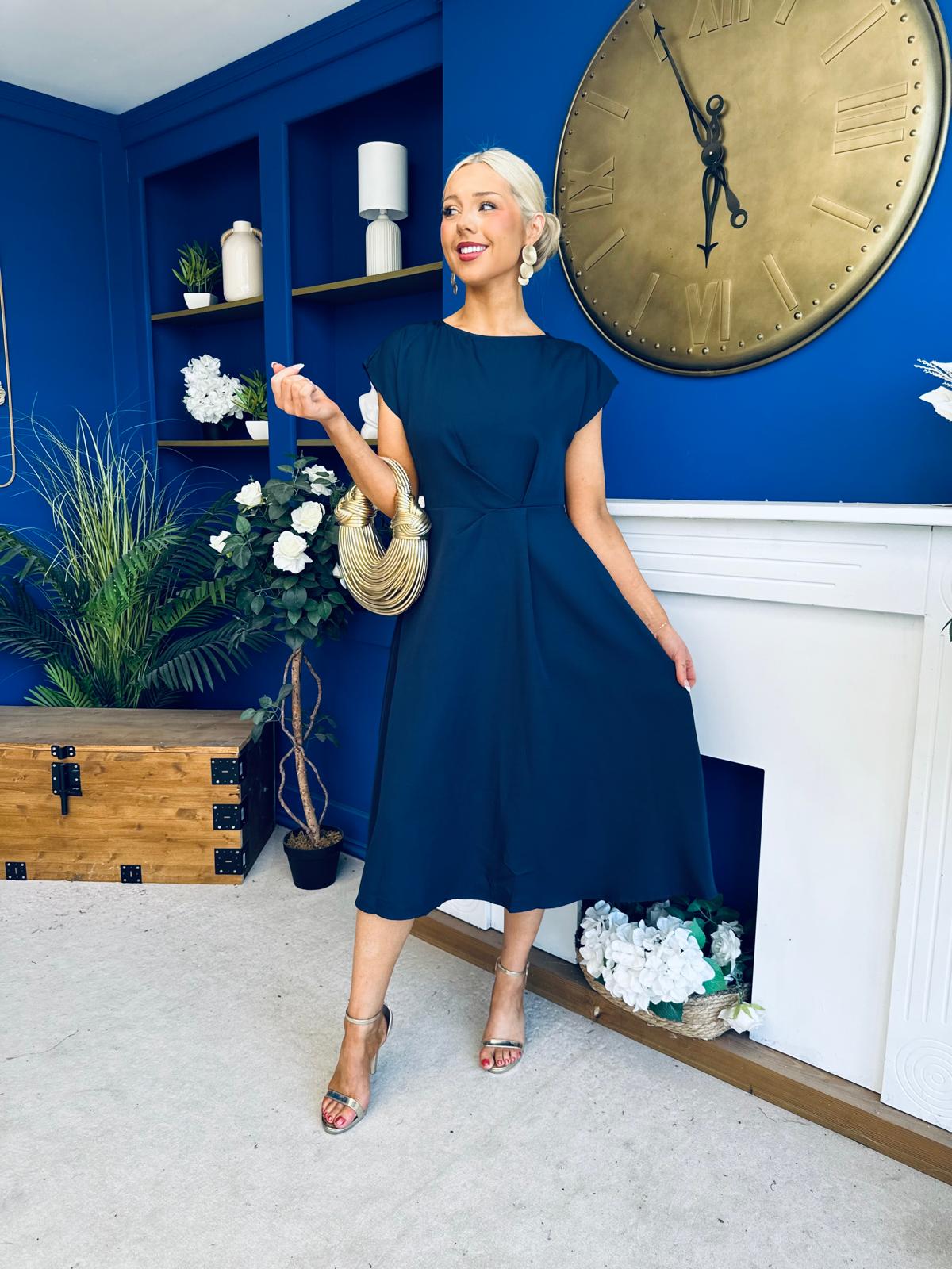 Leni Pleat Detail Midi Dress Navy