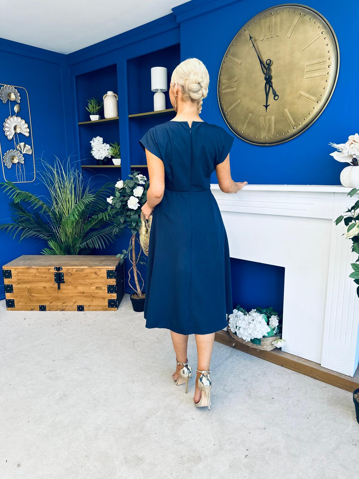 Leni Pleat Detail Midi Dress Navy