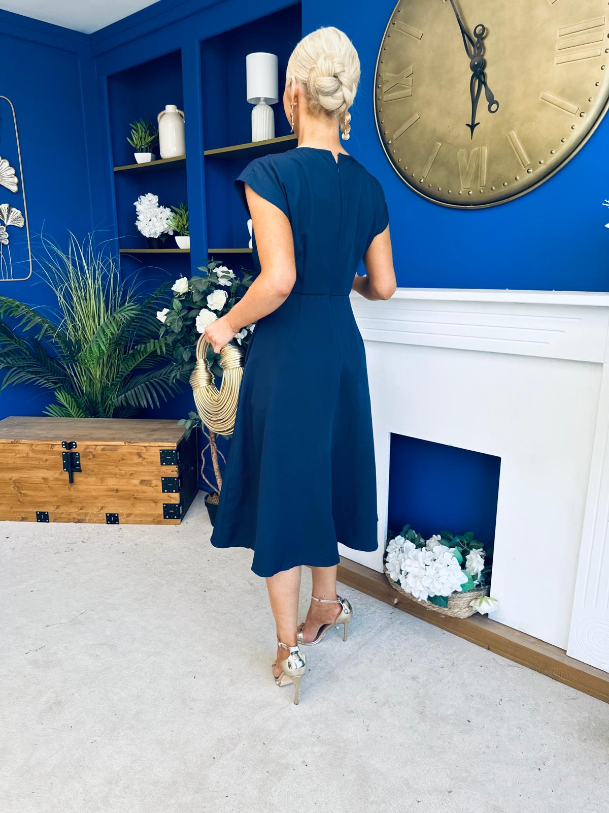 Leni Pleat Detail Midi Dress Navy