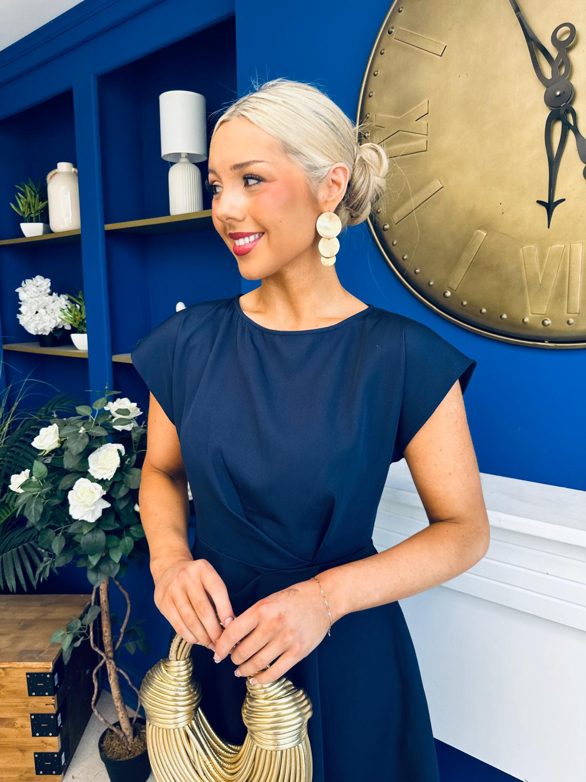 Leni Pleat Detail Midi Dress Navy