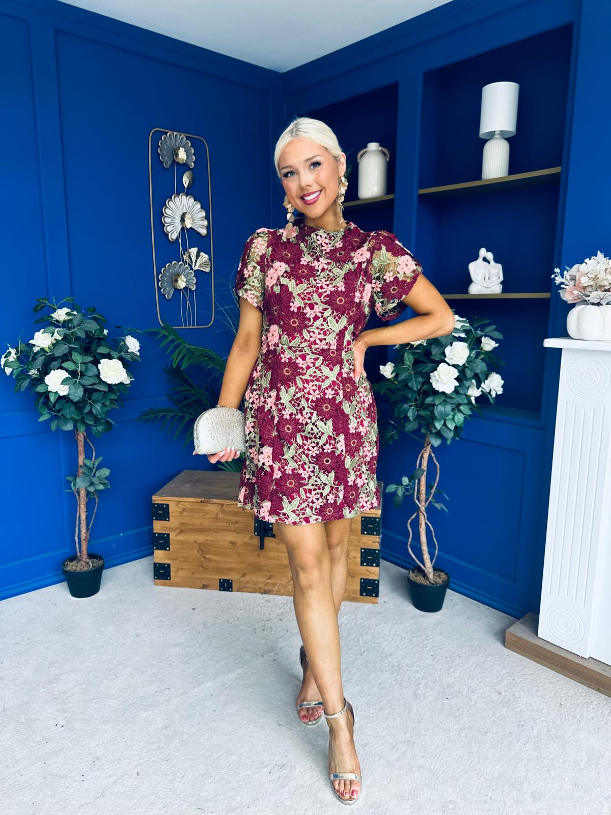 Ami Crochet Tulip Sleeve Mini Dress Burgundy
