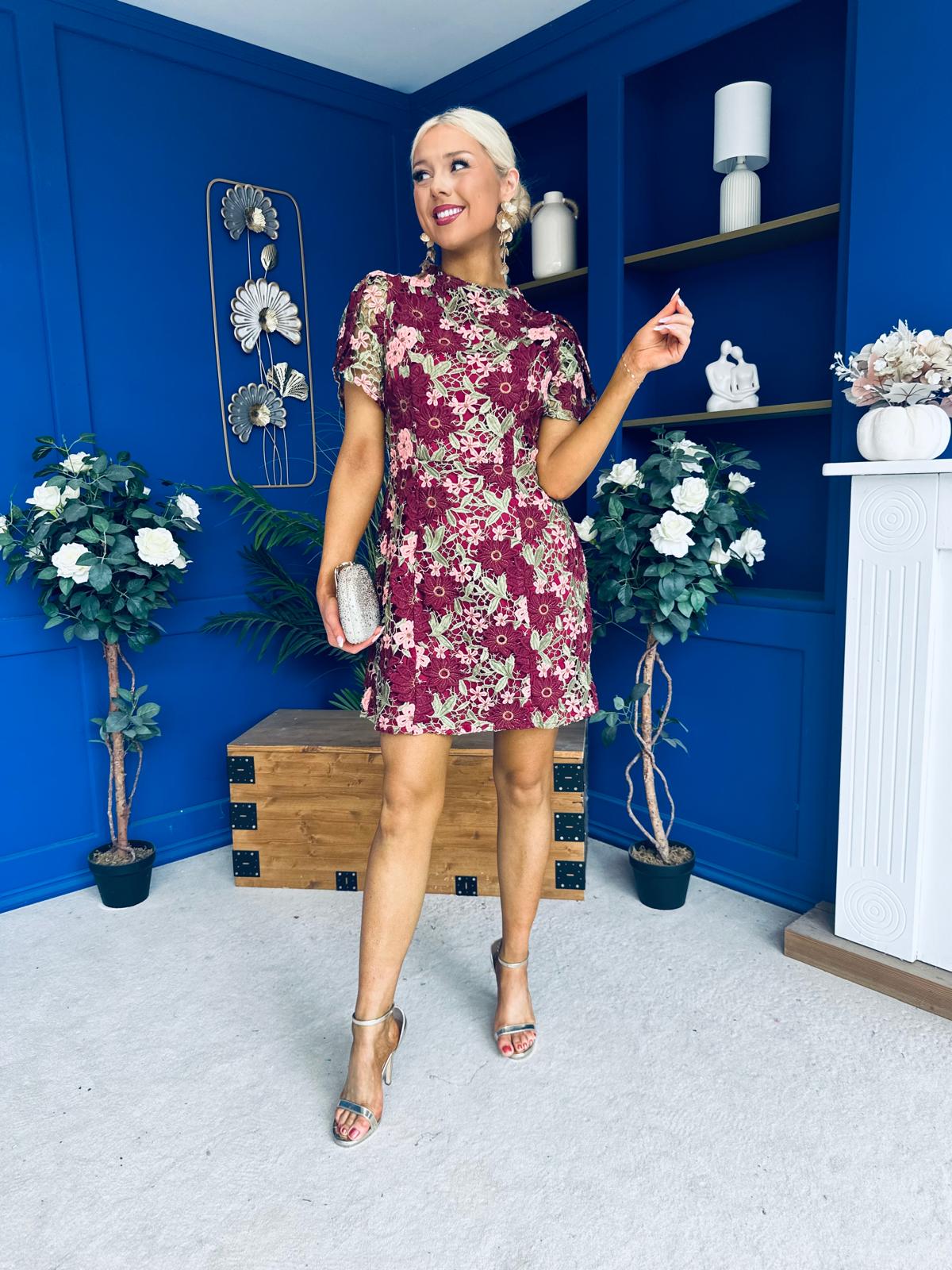 Ami Crochet Tulip Sleeve Mini Dress Burgundy