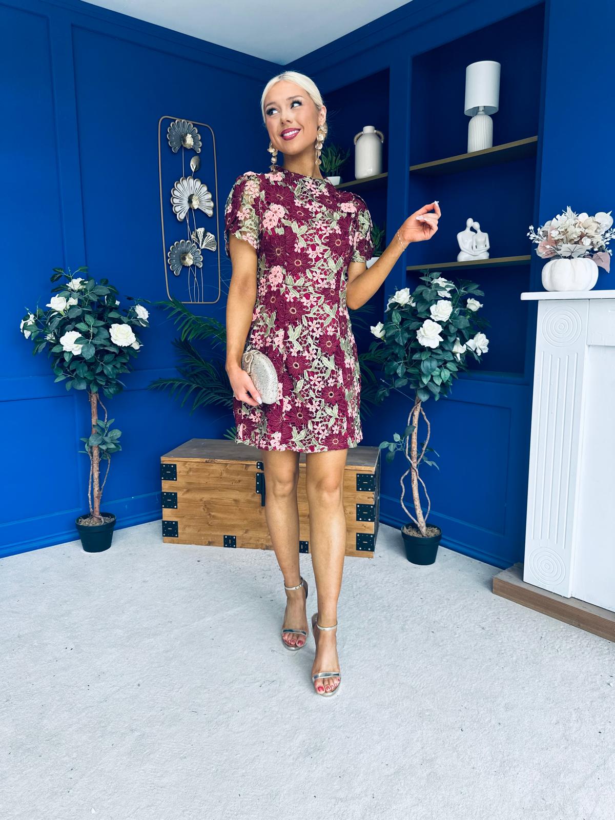 Ami Crochet Tulip Sleeve Mini Dress Burgundy