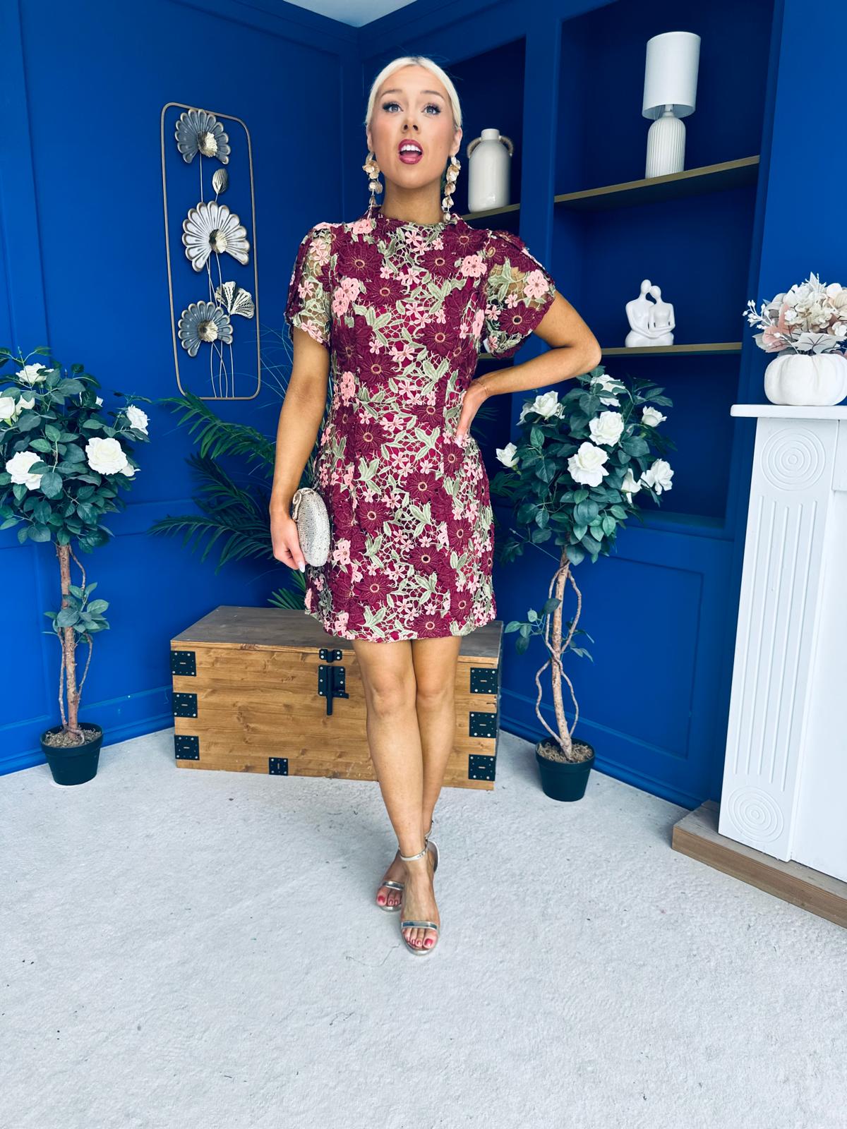 Ami Crochet Tulip Sleeve Mini Dress Burgundy