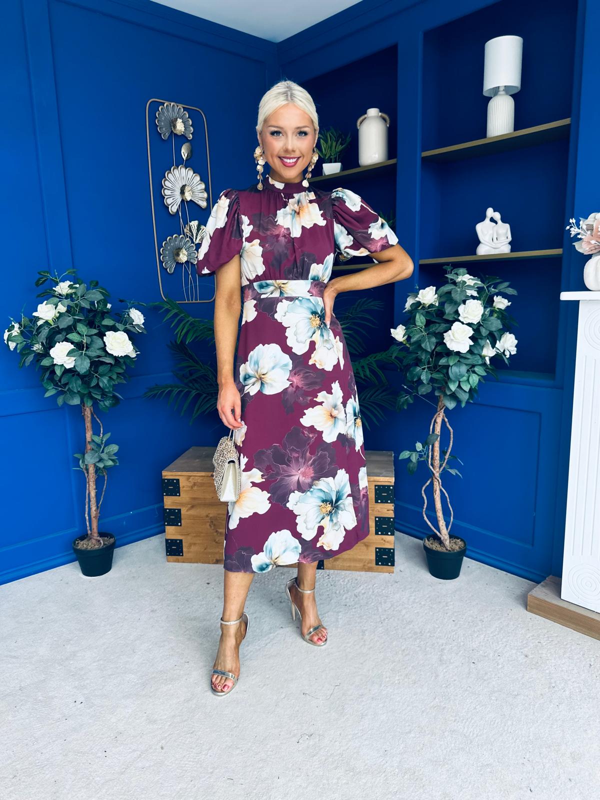 Lilith Puff Sleeve High Neck Midi Dress Plum Floral (Copy)