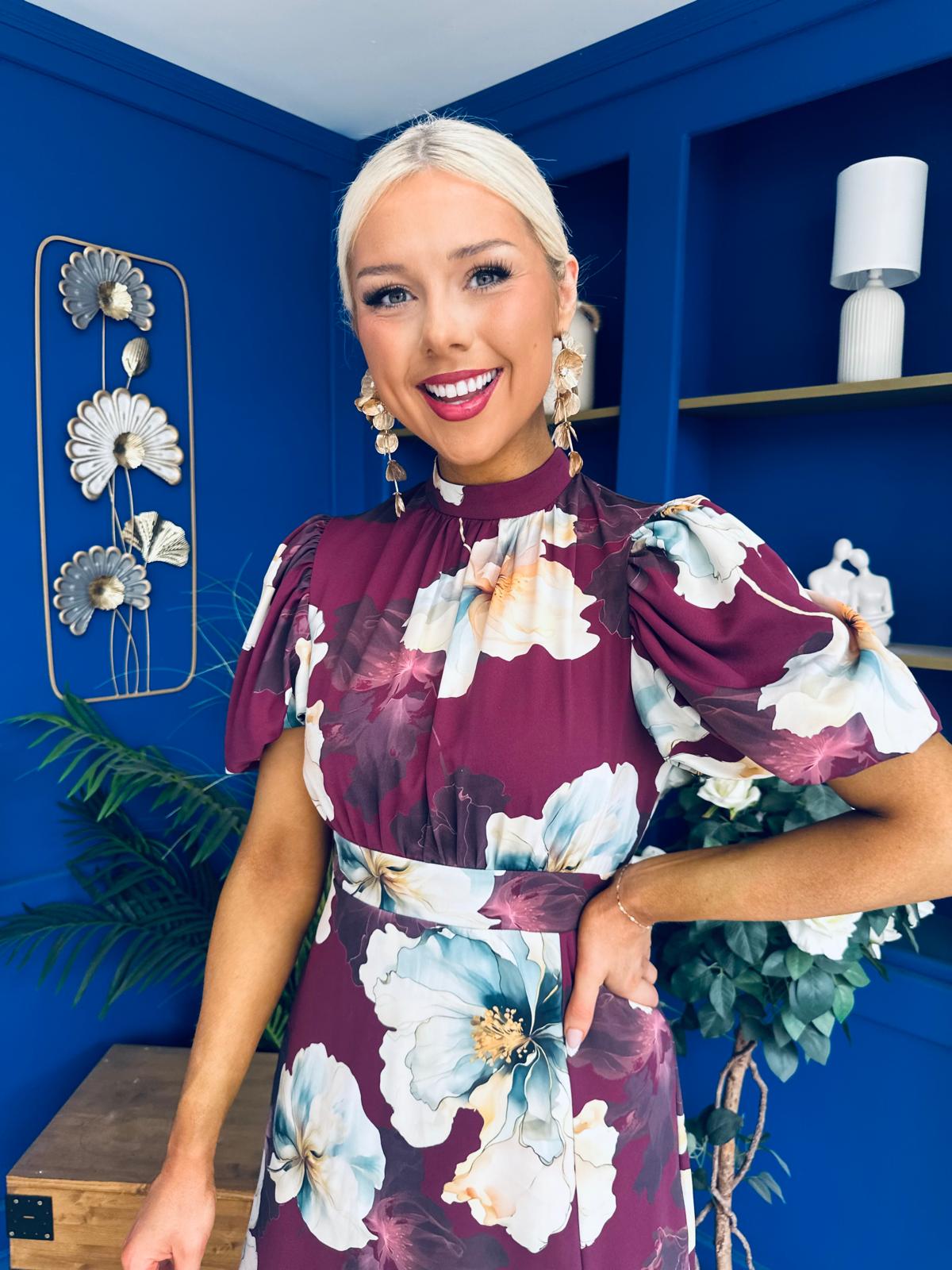 Lilith Puff Sleeve High Neck Midi Dress Plum Floral (Copy)