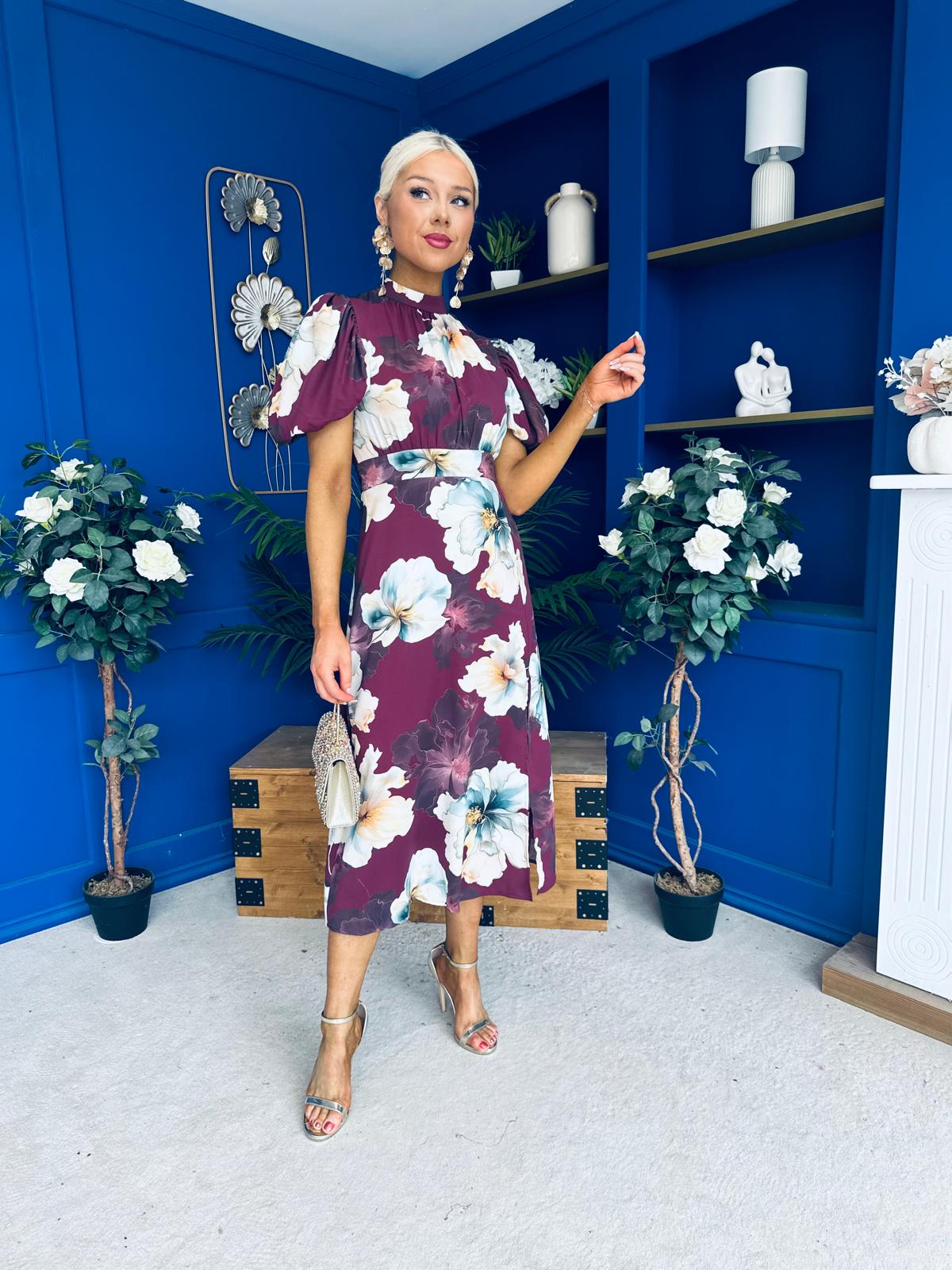 Lilith Puff Sleeve High Neck Midi Dress Plum Floral (Copy)