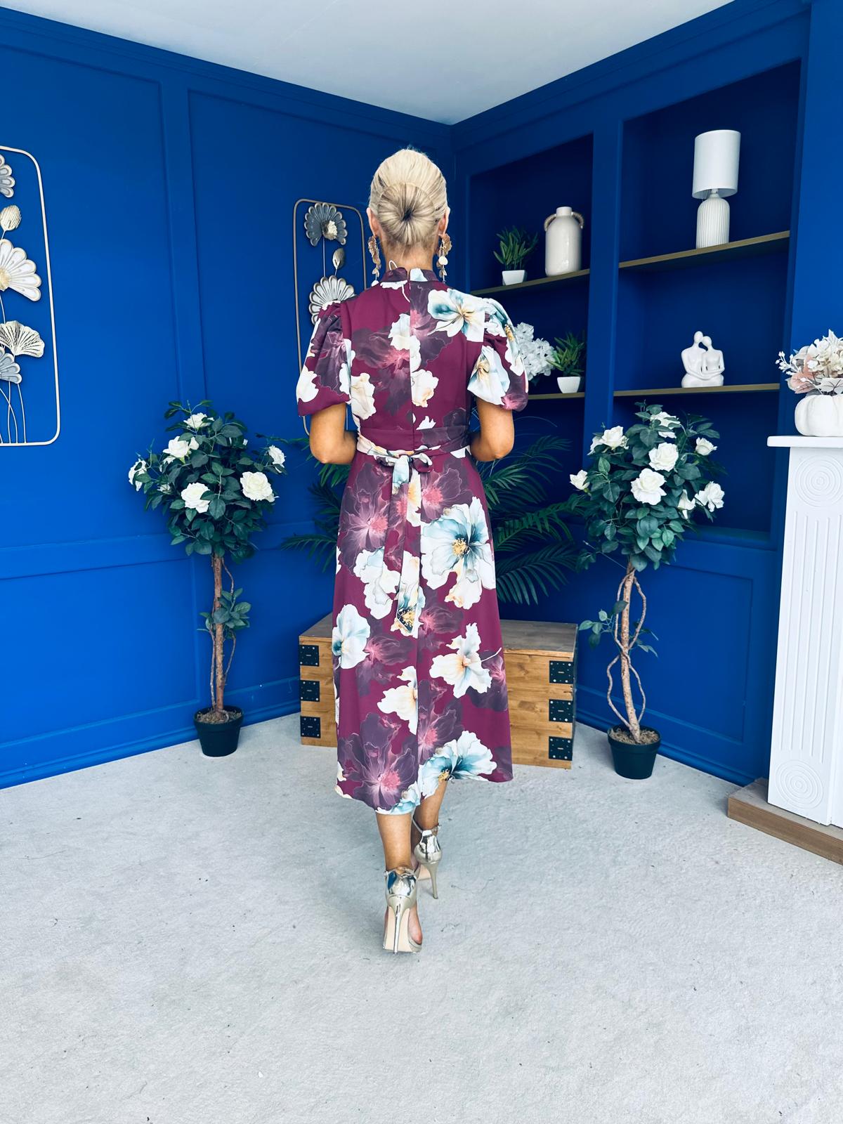Lilith Puff Sleeve High Neck Midi Dress Plum Floral (Copy)