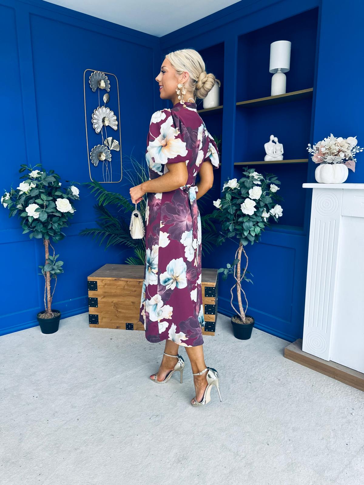 Lilith Puff Sleeve High Neck Midi Dress Plum Floral (Copy)