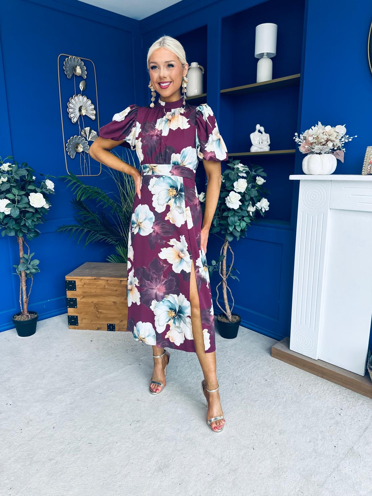 Lilith Puff Sleeve High Neck Midi Dress Plum Floral (Copy)