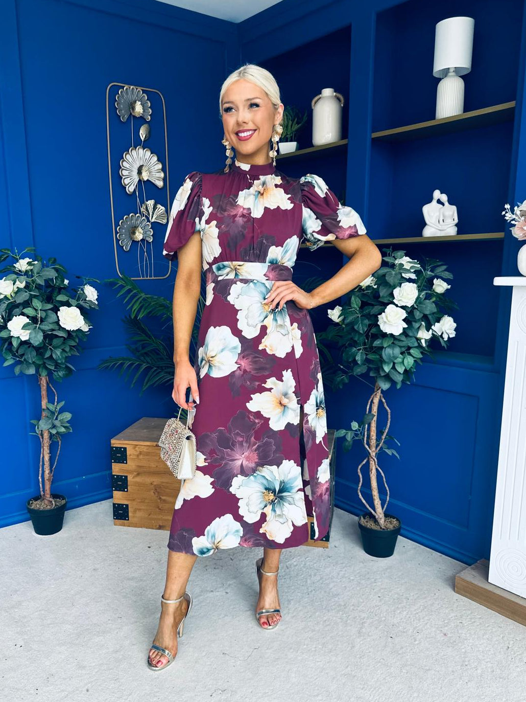 Lilith Puff Sleeve High Neck Midi Dress Plum Floral (Copy)