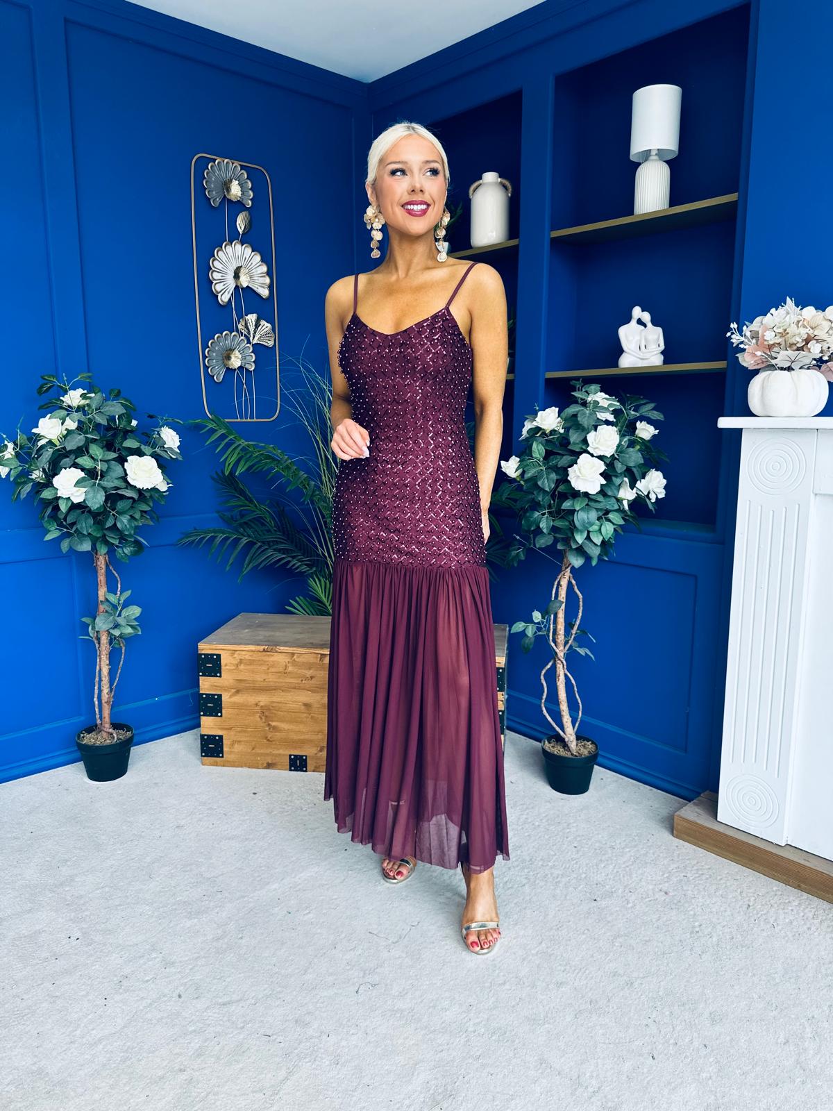 Karly Detailed Sequin Occasion Dress Burgundy