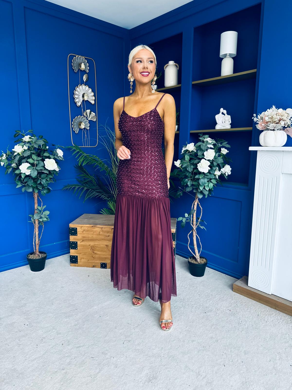 Karly Detailed Sequin Occasion Dress Burgundy