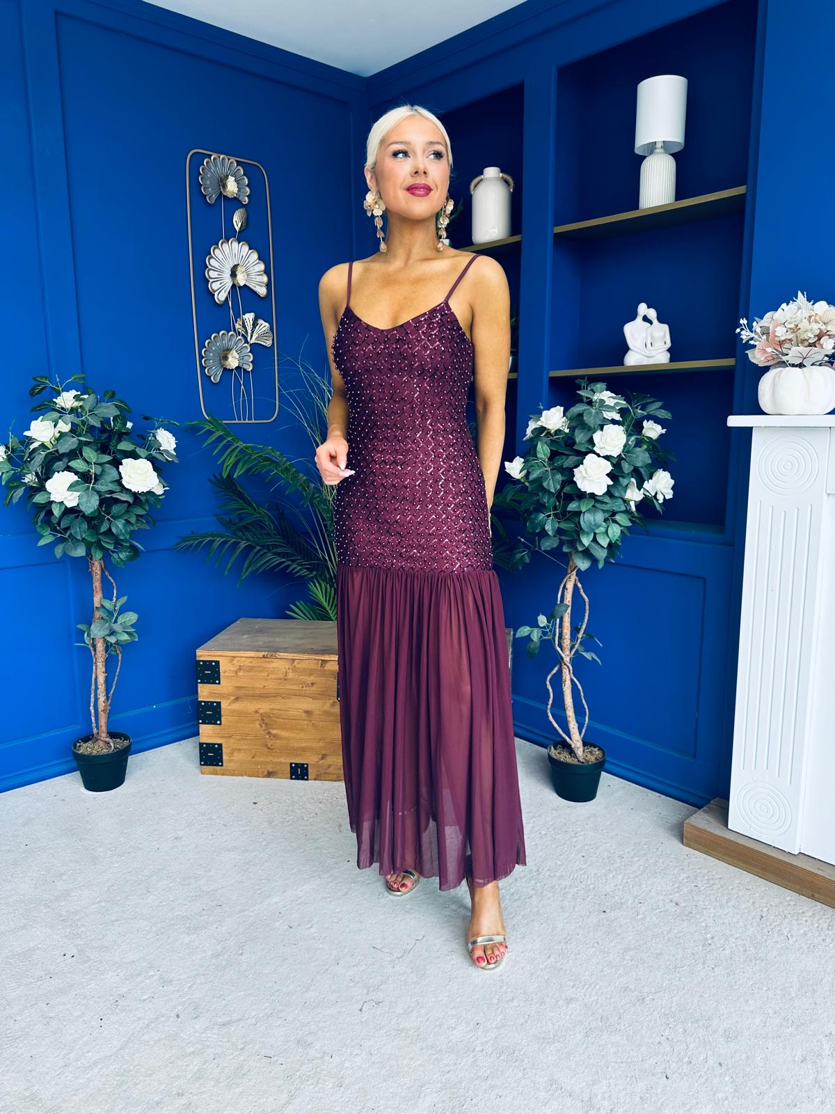 Karly Detailed Sequin Occasion Dress Burgundy